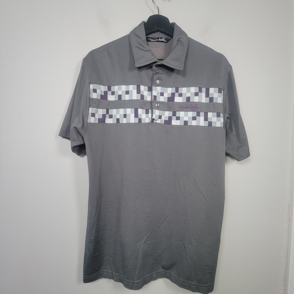 Travis Mathew Mens L Polo Shirt Gray Pixel Stripe Golf Short Sleeve Casual